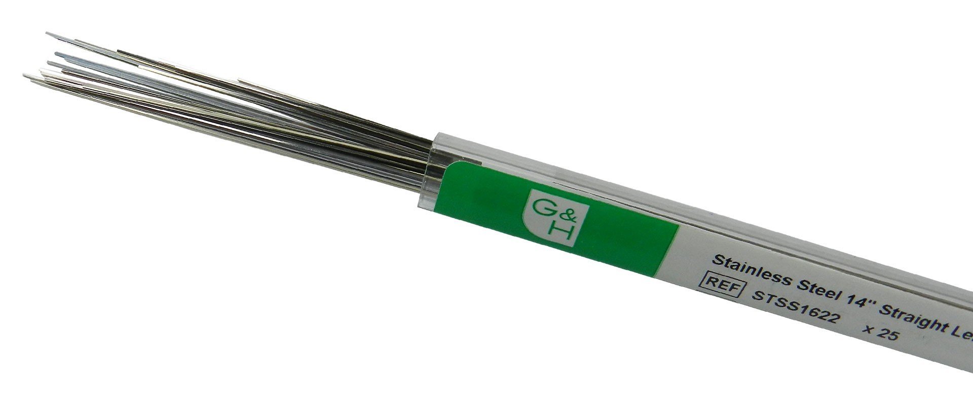 G&H Ortho stainless steel wires, 14-inch straight lengths, used for orthodontic and dental applications.