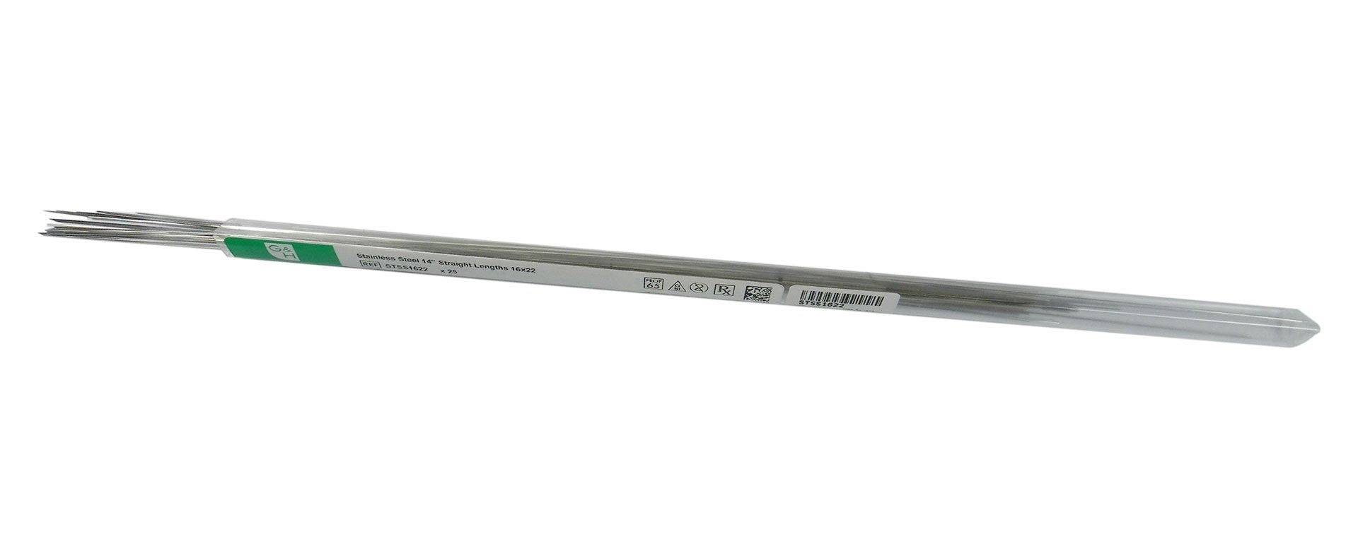 G&H Ortho stainless steel wires, 14-inch straight lengths, ideal for orthodontic use, shown in a pack of 25.