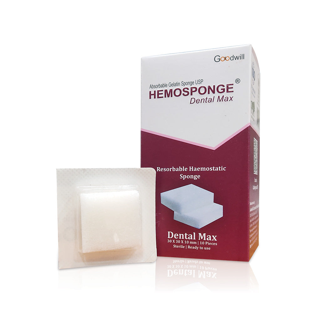 Goodwill Dental Max Hemosponge membrane plug, 30x30x10 mm, used for dental surgical procedures in oral health treatments.