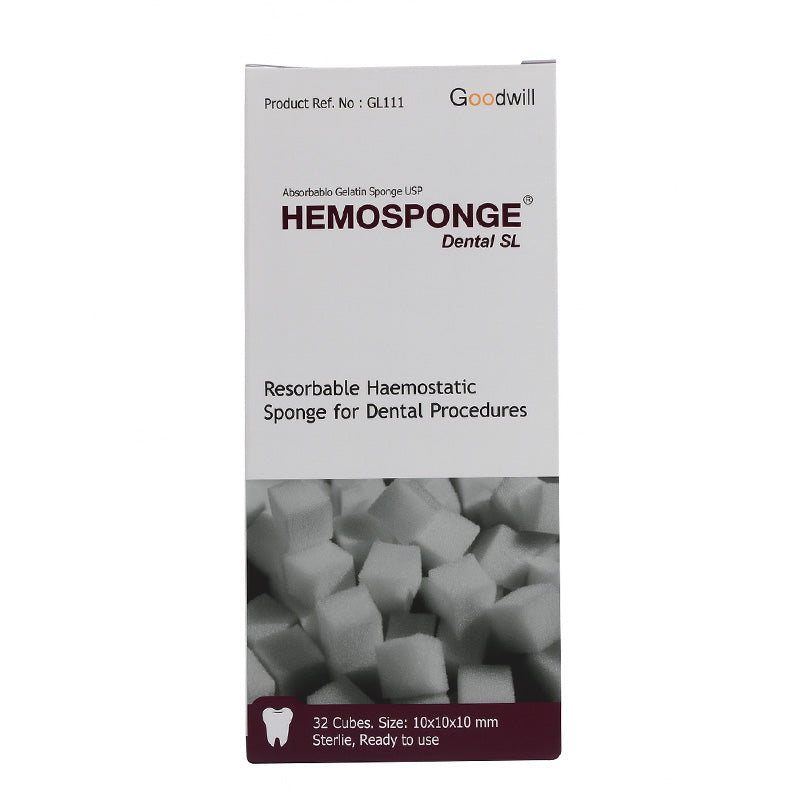 Goodwill Dental SL Hemosponge membrane or plug, 10x10x10 mm, used for dental procedures, shown in the image.