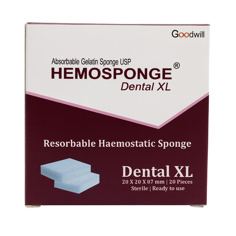 Goodwill Dental XL Hemosponge membrane plug, 20x20x7 mm, used for dental surgical procedures, white porous medical sponge.