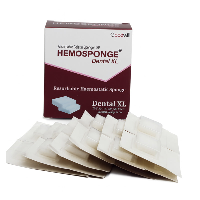 Goodwill Dental XL Hemosponge membrane plug, 20x20x7 mm, used for oral surgical procedures in dental treatment.