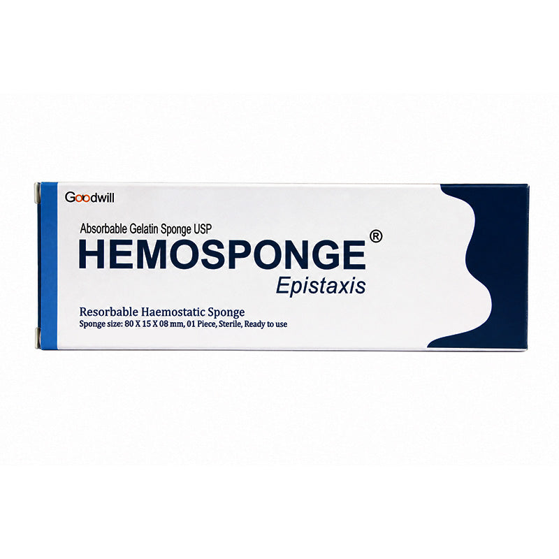 Sterile Goodwill Epistaxis resorbable hemostatic sponge membrane, 80x15x8 mm, ready to use for nasal bleeding control.
