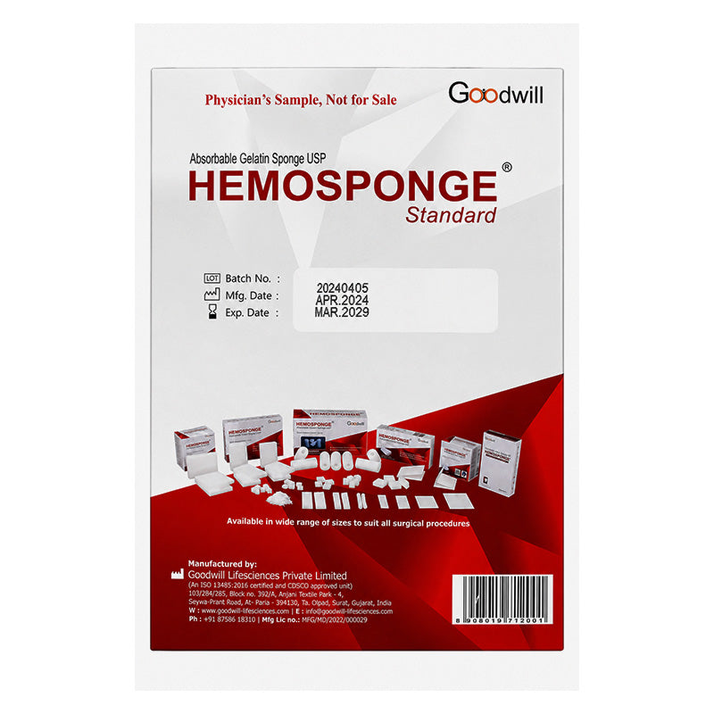 Goodwill Hemosponge membrane plug, standard 80x50x10 mm, flexible sealing component for industrial or plumbing applications.