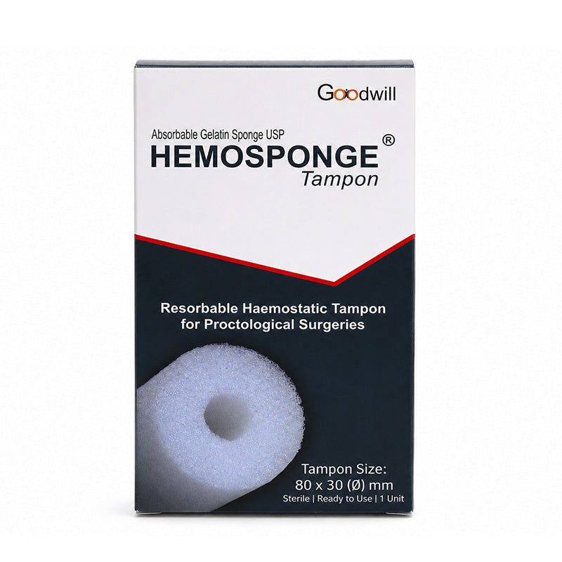 Goodwill Hemosponge Tampon 80x30 mm hemostatic sponge membrane plug for bleeding control, shown in close-up view.