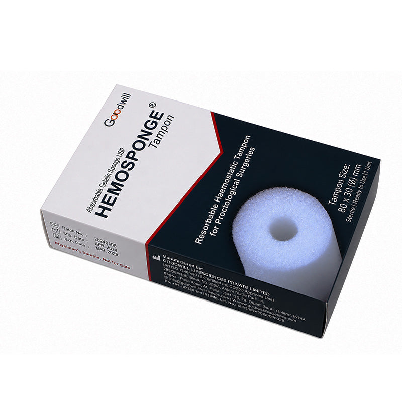 Goodwill Hemosponge tampon 80x30 mm hemostatic membrane plug used for medical procedures, shown in a sterile environment