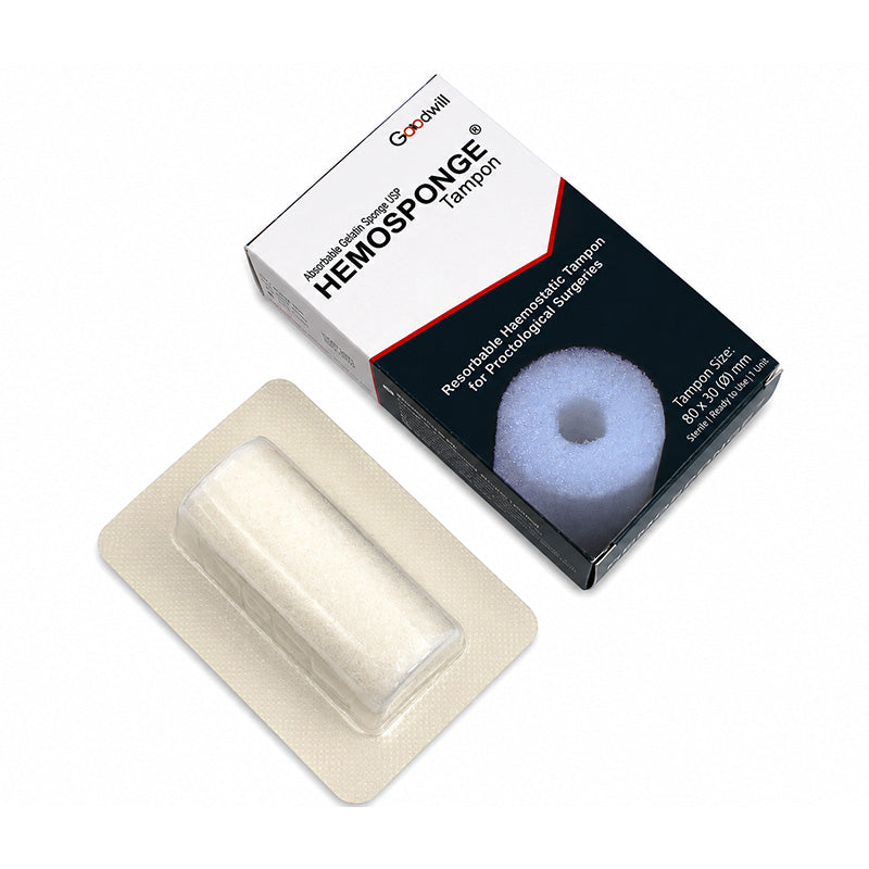 Goodwill Hemosponge tampon 80x30 mm hemostatic sponge membrane or plug used for medical hemostasis procedures.