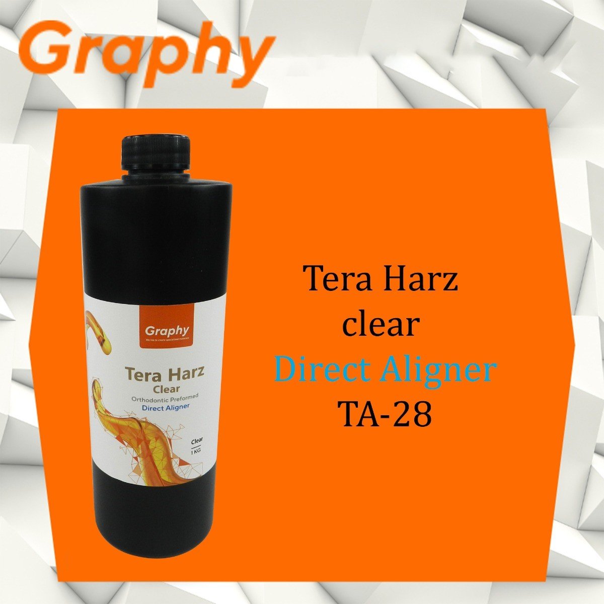 Graphy Direct Aligner Resin TA-28 for 3D printers, close-up of the resin bottle with label and cap in the image.