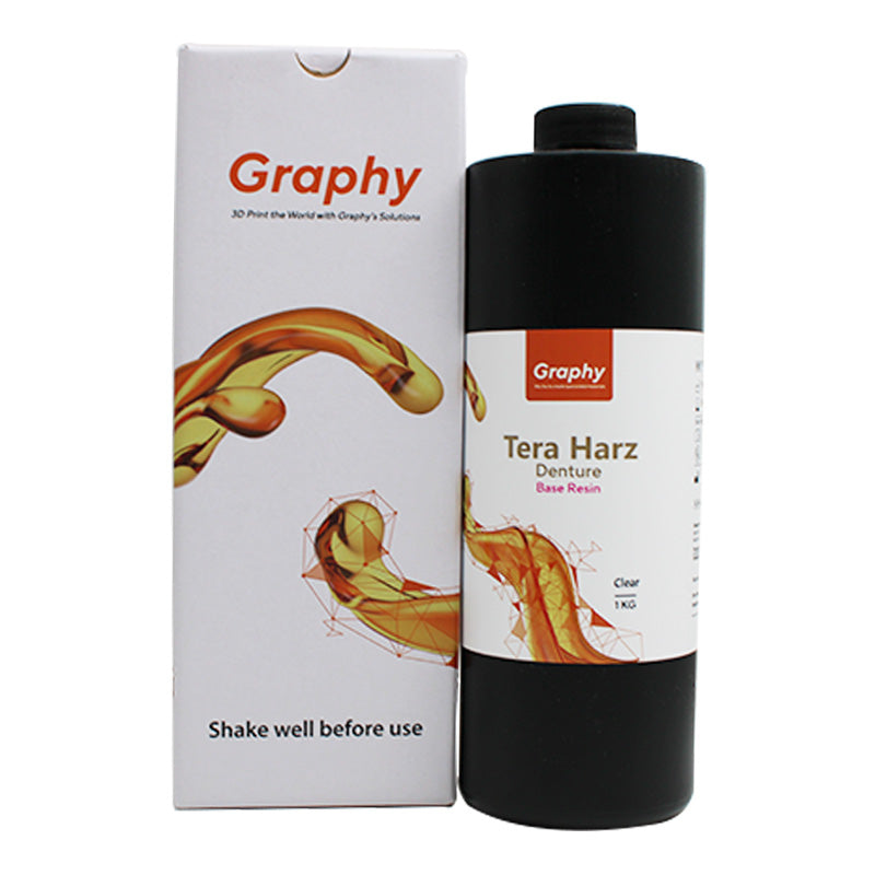 Clear Graphy Flexible Denture Resin for 3D printers, shown in a transparent container with a smooth, flexible appearance.