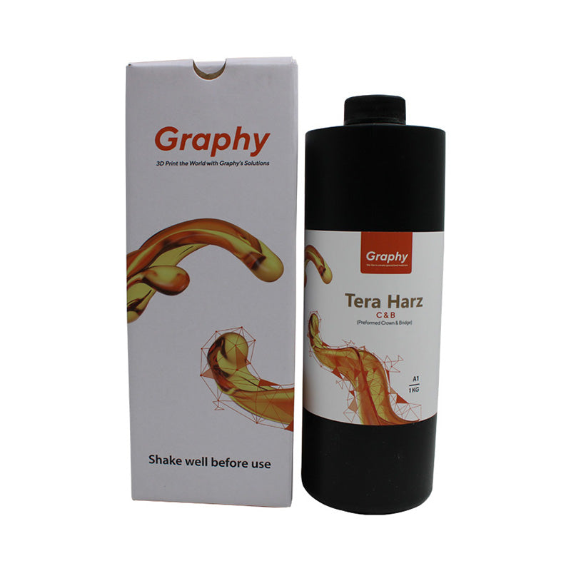 Graphy Permanent C&B Resin for Long Bridge used in 3D printing, shown in a clear container with detailed labeling.