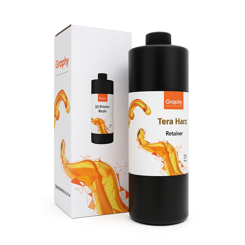 Graphy Resin for Retainers TR07 used in 3D printers, shown in a clear bottle with labeling, for dental retainer fabrication.