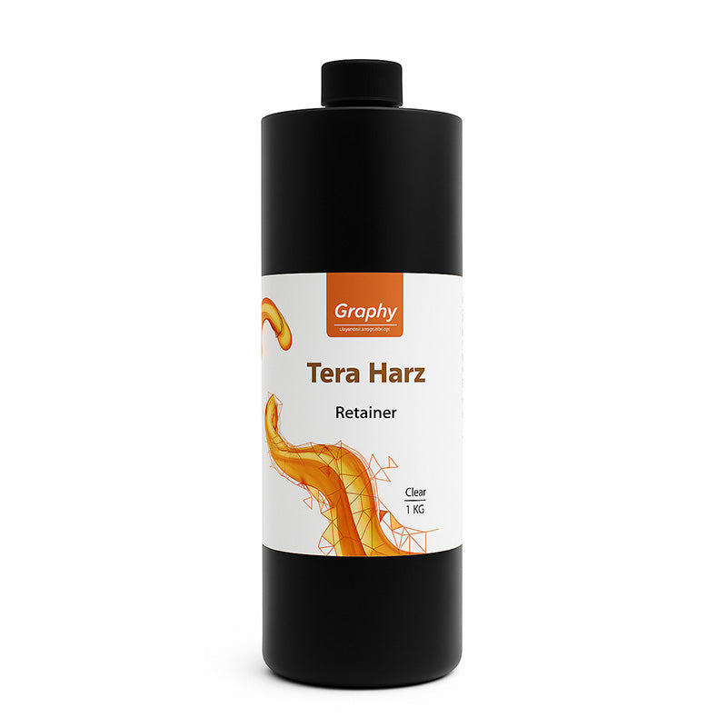 Graphy Resin for Retainers TR07 used in 3D printing of dental retainers, shown in a clear container with label.