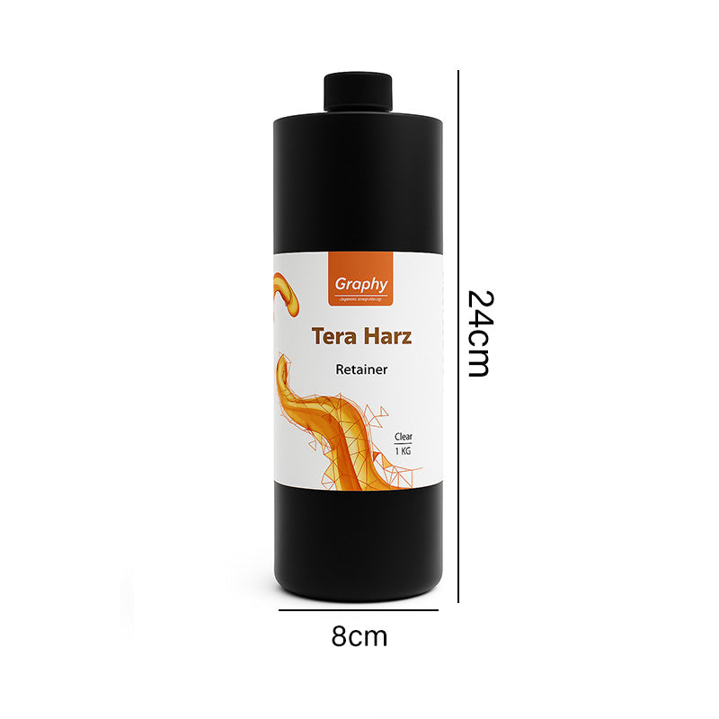 Graphy Resin for Retainers TR07 used in 3D printers, shown in a clear bottle with a white cap for dental appliance printing.
