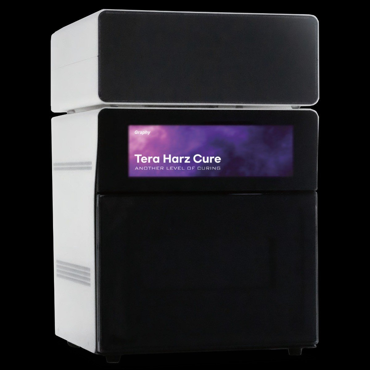 Graphy Tera Harz Cure UV curing resin for 3D printers, shown in a clear container with UV curing equipment.