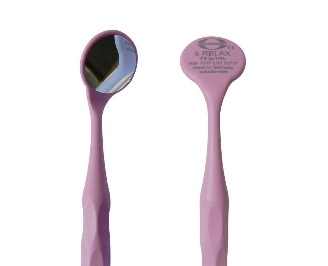 Assorted HAHNENKRATT Relax Mouth Mirrors for dental diagnostics, displayed in a set with reflective surfaces and handles.