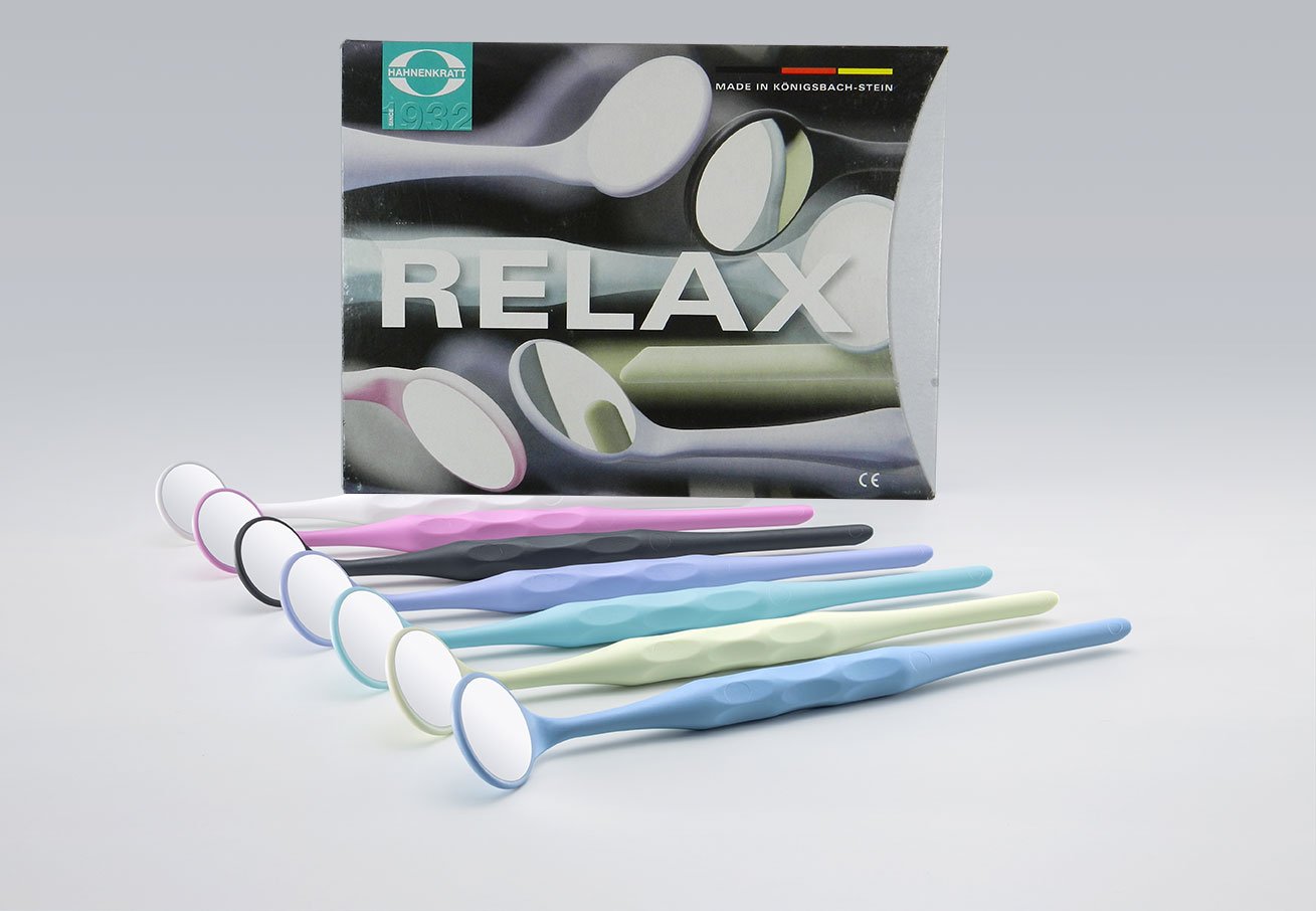 Assorted HAHNENKRATT Relax Mouth Mirrors for dental diagnostics, shown in a set with reflective surfaces and handles.