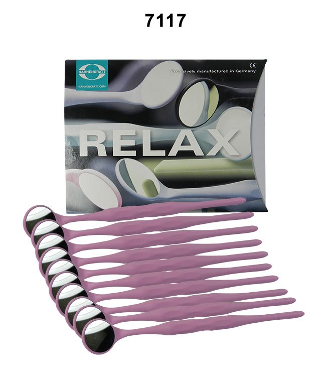 Assorted HAHNENKRATT Relax Mouth Mirrors used for dental diagnostics, showing reflective surfaces and ergonomic handles.
