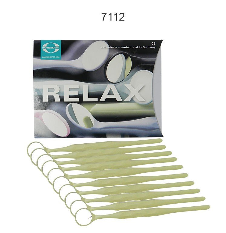 Hahnenkratt Relax Mouth Mirrors for diagnostics, featuring assorted no. 4 dental mirrors with reflective surfaces and ergonomic handles.