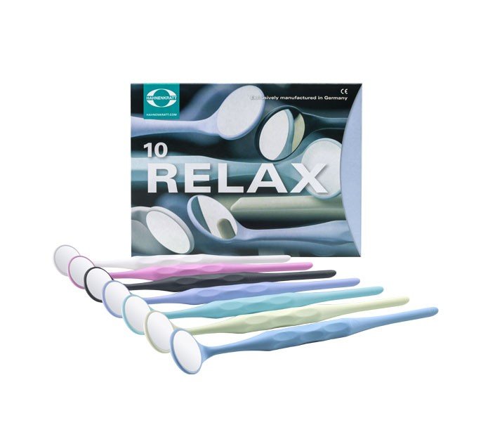 Assorted Hahnenkratt Relax Mouth Mirrors for dental diagnostics, showing various reflective surfaces and handles.