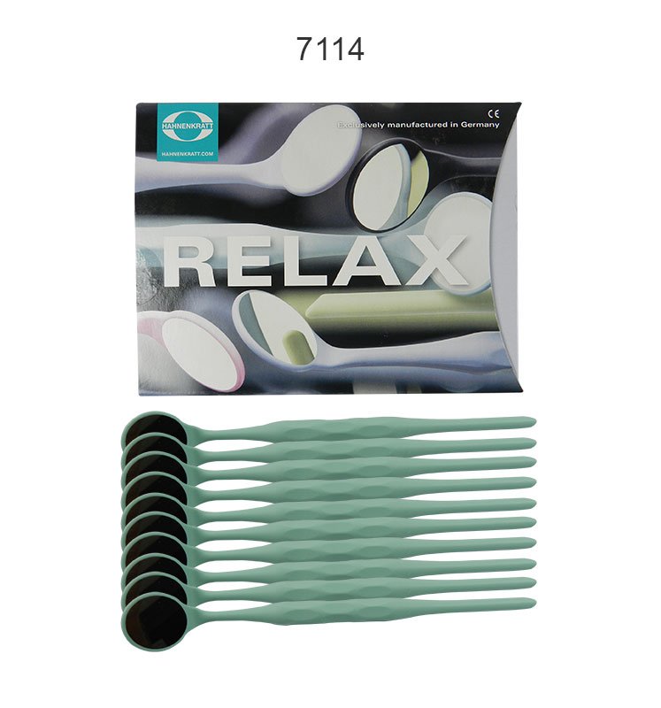 Set of four Hahnenkratt Relax Mouth Mirrors for dental diagnostics, featuring assorted sizes and durable handles.