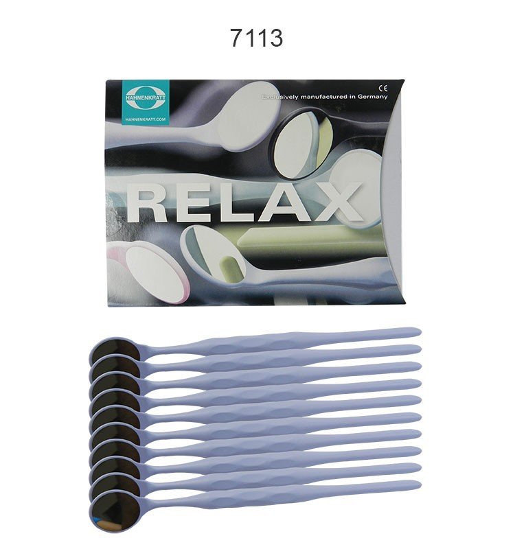 Assorted Hahnenkratt Relax Mouth Mirrors used for dental diagnostics, displayed in a row with reflective surfaces visible.