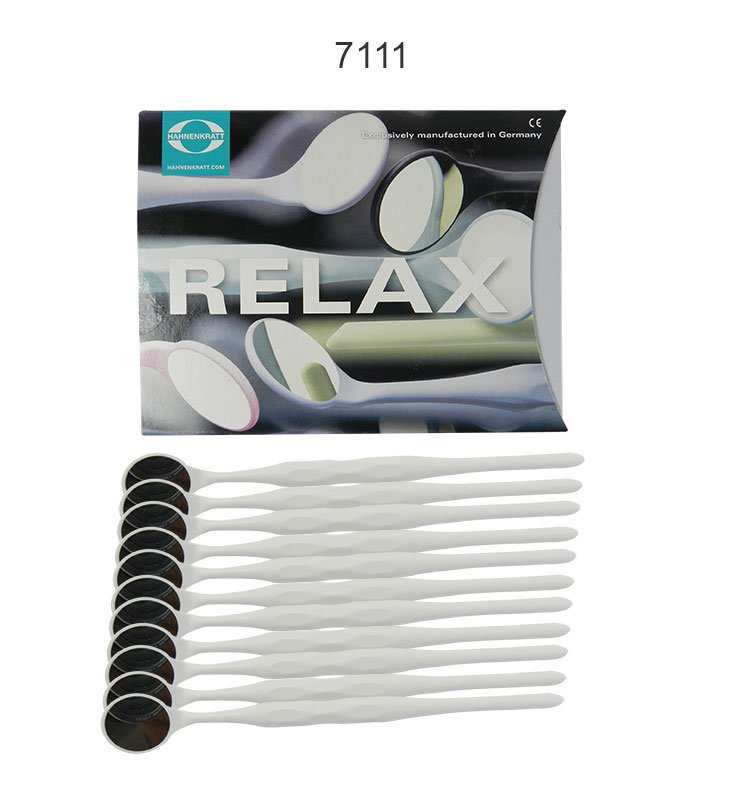 Assorted Hahnenkratt Relax Mouth Mirrors for dental diagnostics, showing reflective surfaces and ergonomic handles.