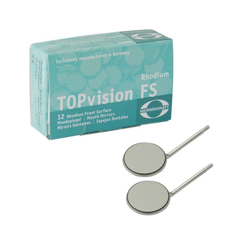 Hahnenkratt TOPvision FS Rhodium Mouth Mirror for dental diagnostics, with a 22mm plane mirror, stainless steel design.