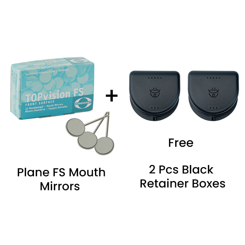 Hahnenkratt TOPvision FS Mouth Mirrors for diagnostics, featuring a 24mm CS plane mirror, used in dental examinations.