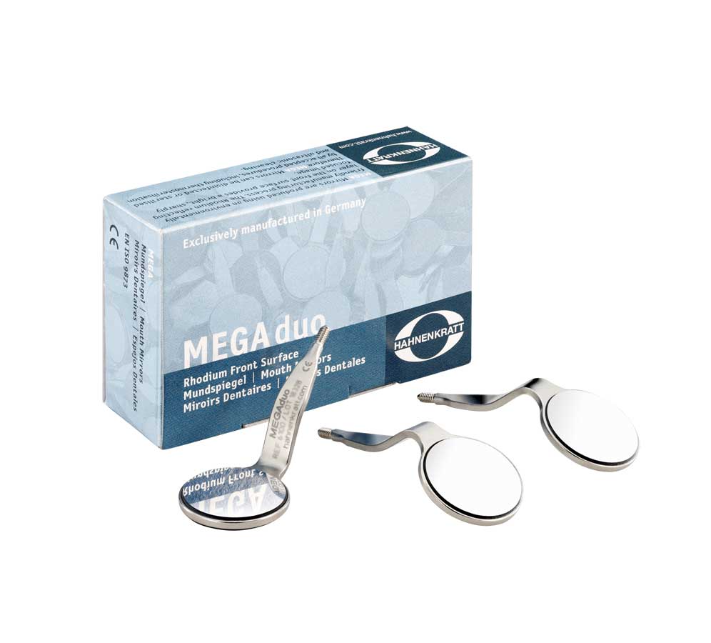 Hahnenkratt MEGAduo FS Rhodium DS diagnostic mouth mirrors, no. 5, 24mm plane, stainless steel, used for dental examinations
