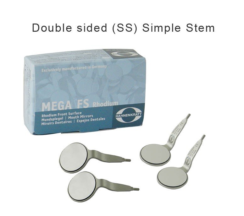 Hahnenkratt MEGAduo FS Rhodium DS Mouth Mirror for dental diagnostics, featuring a 24 mm plane mirror in a professional dental setting.