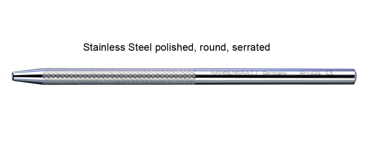 Polished stainless steel handles by HAHNENKRATT for mouth mirrors, used in dental diagnostics, with serrated grip for precision.