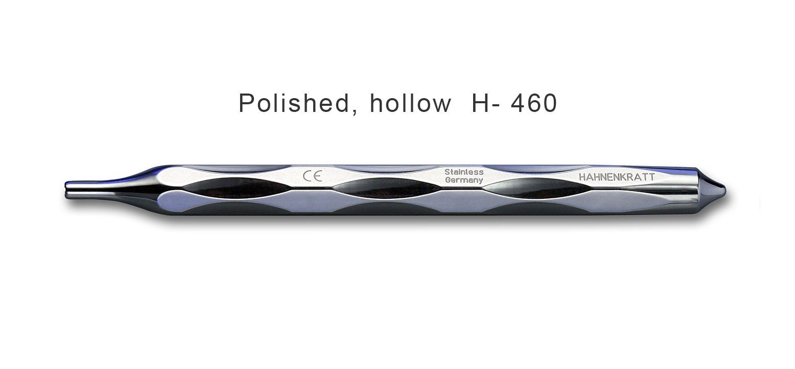 Polished stainless steel handles for mouth mirrors, HAHNENKRATT diagnostics tools, round serrated design for dental examination.
