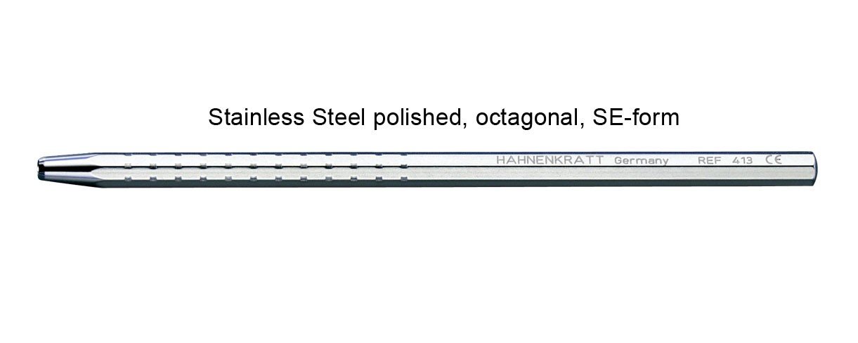 Hahnenkratt stainless steel handles for dental mouth mirrors, round serrated design, used for dental diagnostics.