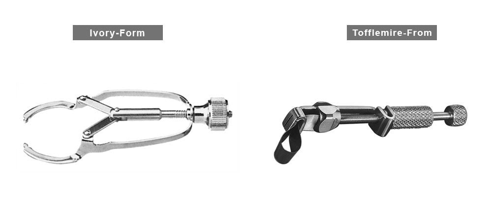 Hahnenkratt Matrix Retainers with universal Tofflemire bands for dental restoration procedures, showing the metal retainers and bands.