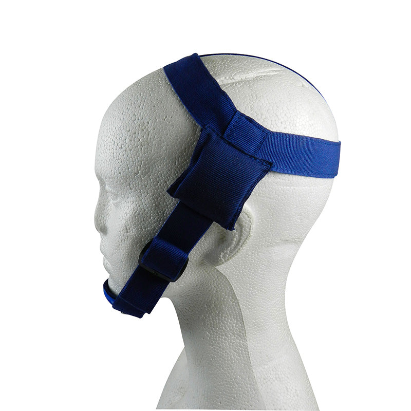 Captain Orthodontics headgear with chin cap for orthodontic treatment, showing adjustable straps and padded head support.