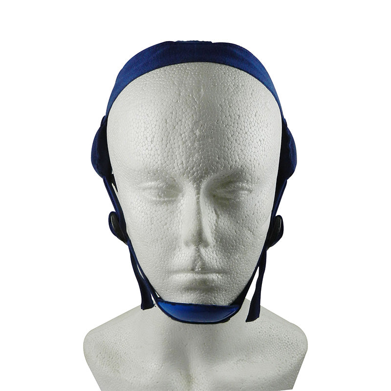 Captain Orthodontics headgear with chin cap, showing adjustable straps and padded design for orthodontic treatment support.