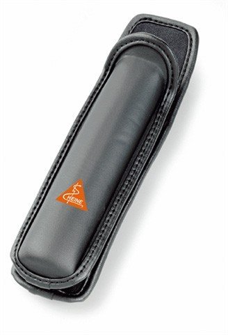 Heine Beta belt clip for binocular loupes, shown attached to Heine binocular magnification glasses with focus adjustment.