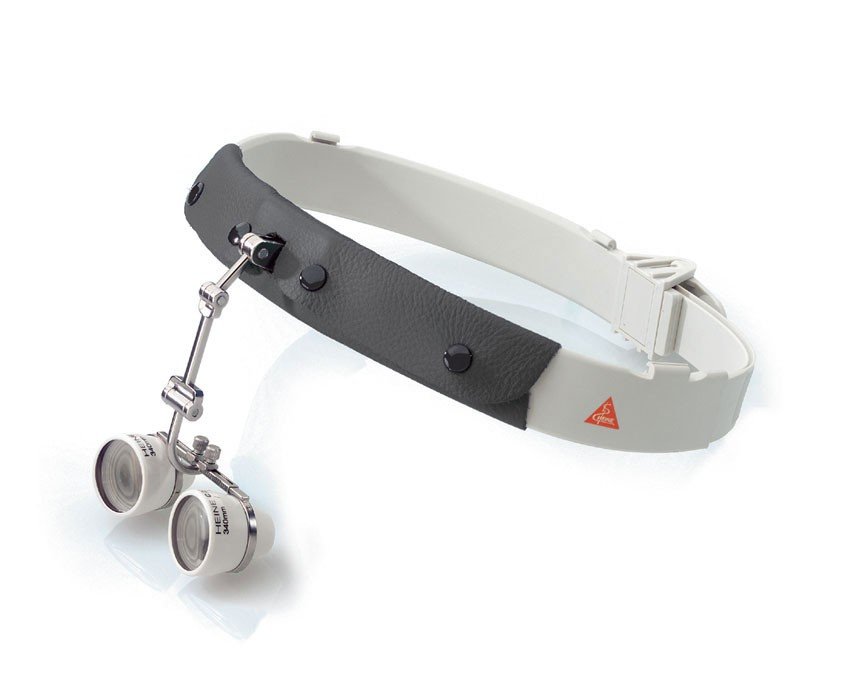 Heine binocular loupes with 2.3x magnification and 450mm focal length, featuring a headband for hands-free use.