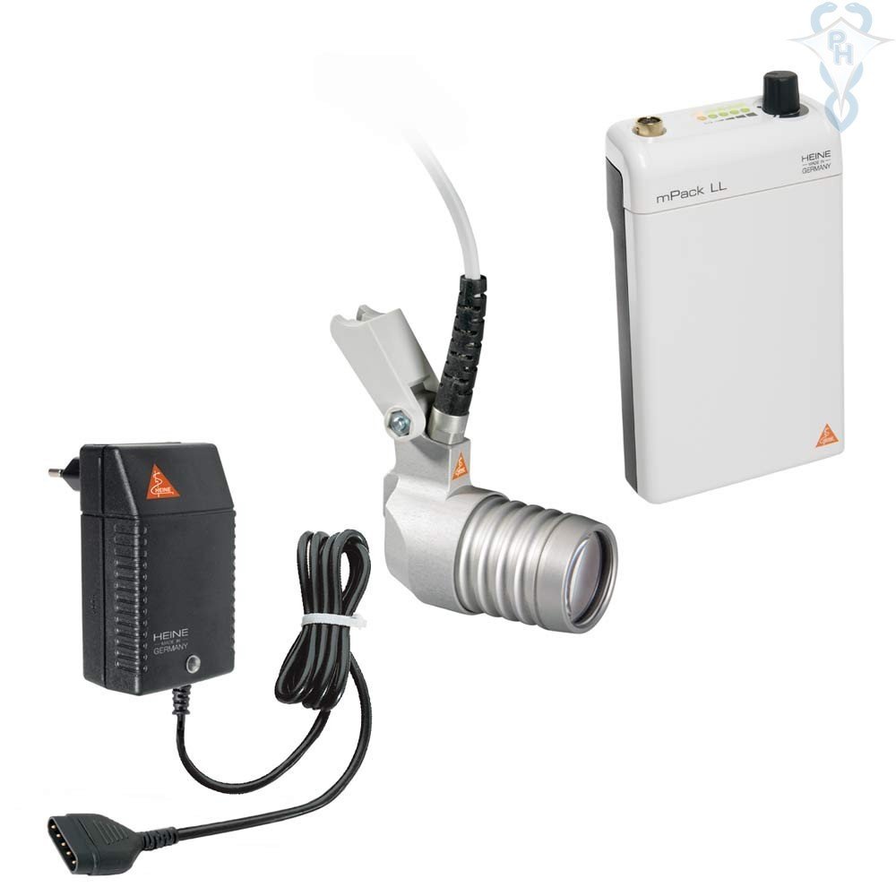 Heine LED Loupe Light 2 attached to binocular loupes, providing 55,000 lux illumination for detailed examination.