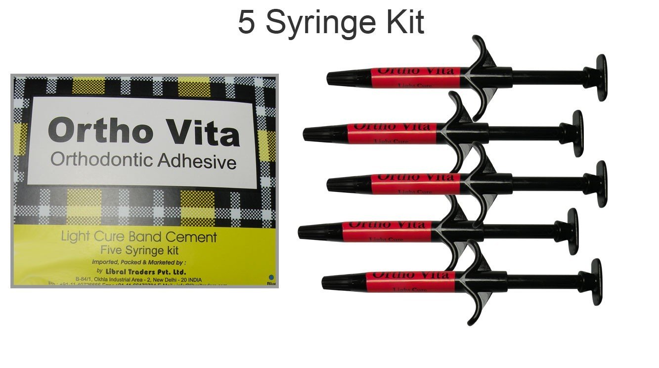 Jaipur Orthodontics Blue Bite Light Cure Blue Band Cement kit with five syringes for orthodontic bonding applications.