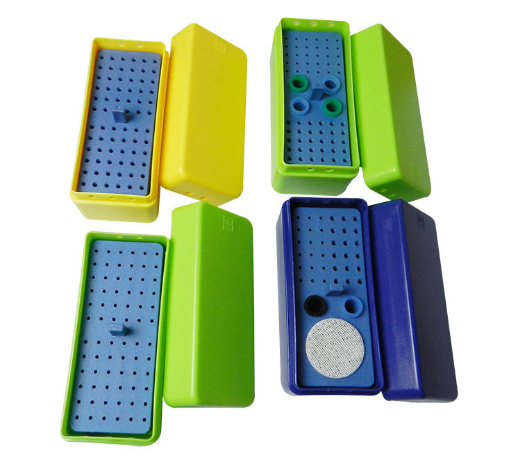 LD Autoclavable Rectangular Endo Box 72 for bur accessories, shown with dental tools in a sterilization tray.
