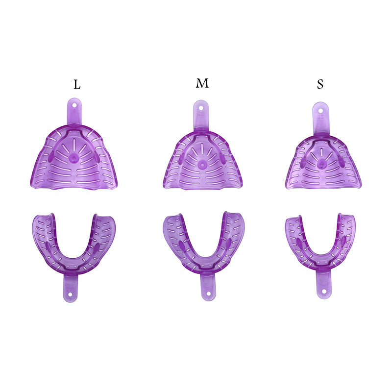 LD NOVA Edentulous Impression Trays from LD Dental Disposables shown in a close-up image of purple impression trays for dentures