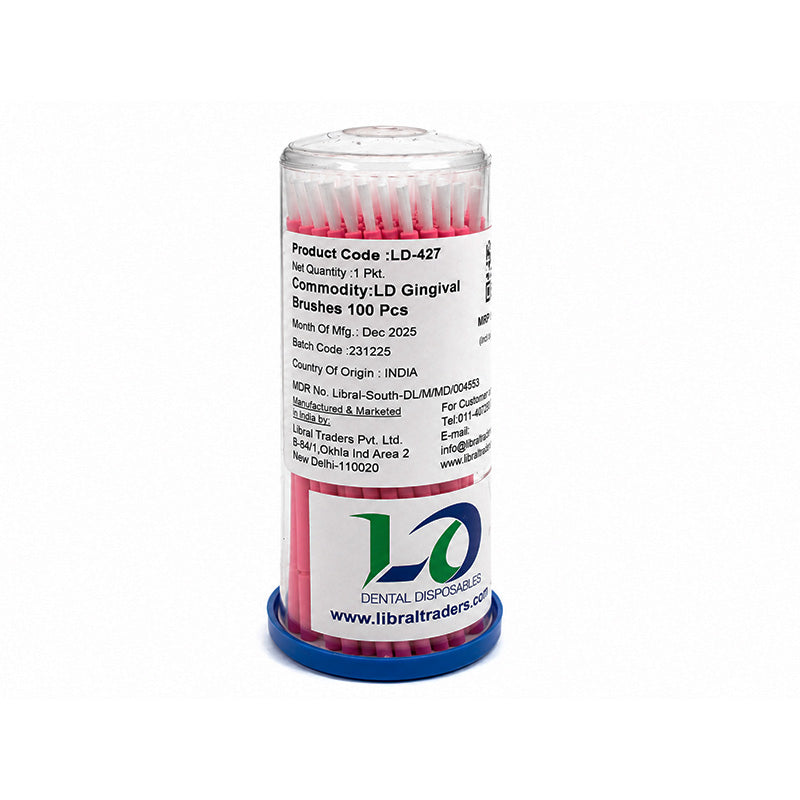 Set of 100 LD Gingival Brushes, dental accessories from LD Dental Disposables, designed for gentle gum cleaning and oral hygiene.