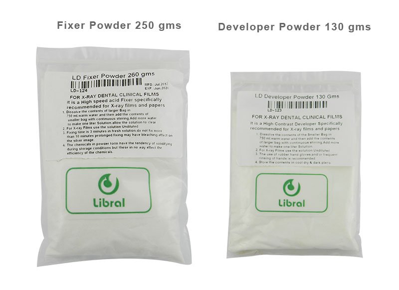 LD Dental Disposables X-Ray developer and fixer powder in a white container, used for dental film processing.