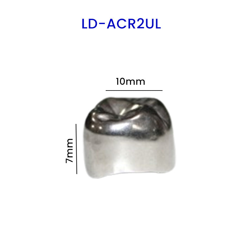 Upper right view of LD Stainless Steel Adult Permanent Crown for dental restorations, part of LD Dental Disposables adult and pedo crowns collection
