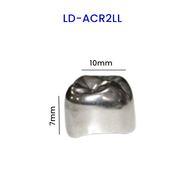 Stainless steel adult permanent crown from LD Dental Disposables, shown on upper right for dental restoration or crown fitting.