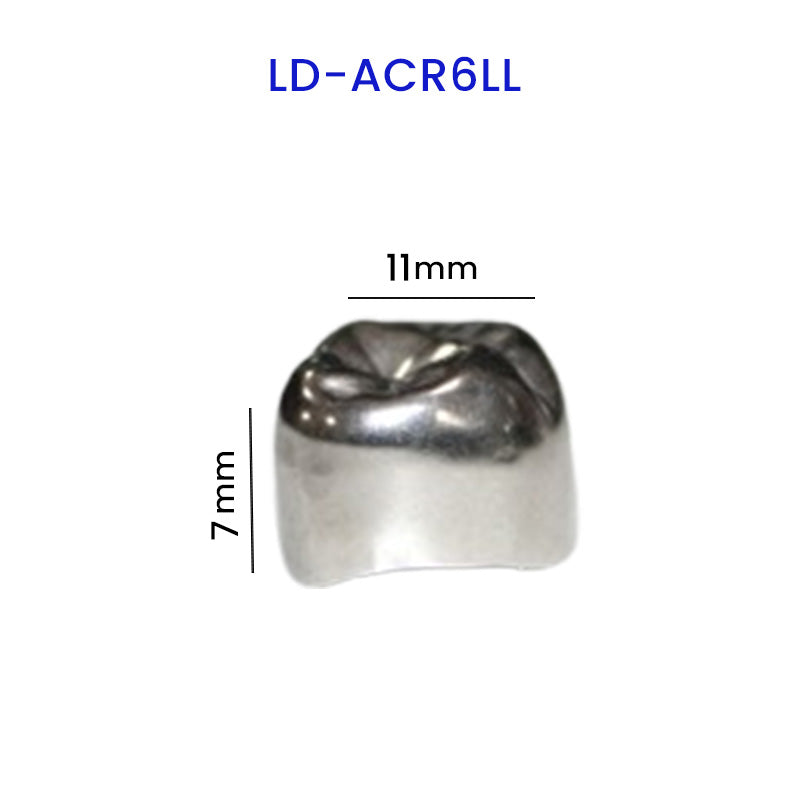 LD Stainless Steel Adult Permanent Crown for dental restorations, shown on an upper right tooth in a dental setting.