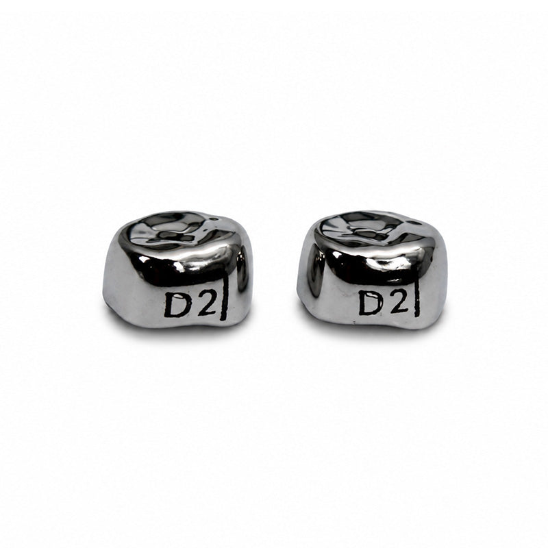 LD Dental Disposables stainless steel crown for adult and pedo teeth, shown on upper right tooth in dental model.