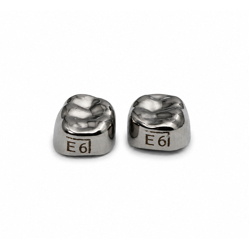 LD Pedo Stainless Steel Crown for adult and pediatric dental use, shown on upper right tooth, made by LD Dental Disposables.