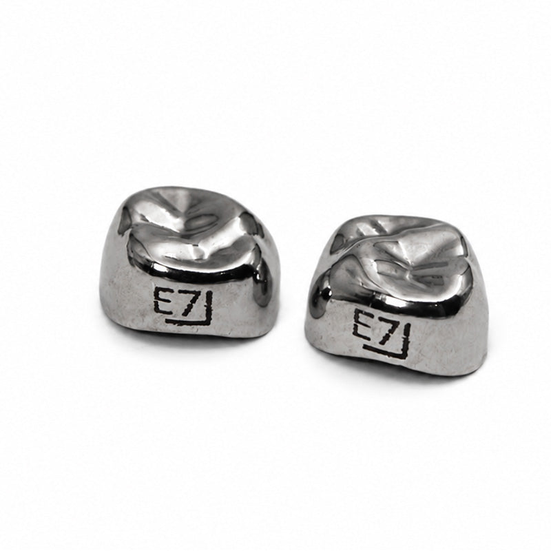 LD Dental Disposables stainless steel crown for adult or pediatric use, shown on a dental model's upper right tooth.